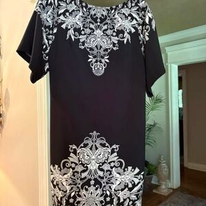 Adrianna Papell Black and White Sheath Dress with Flutter Sleeves